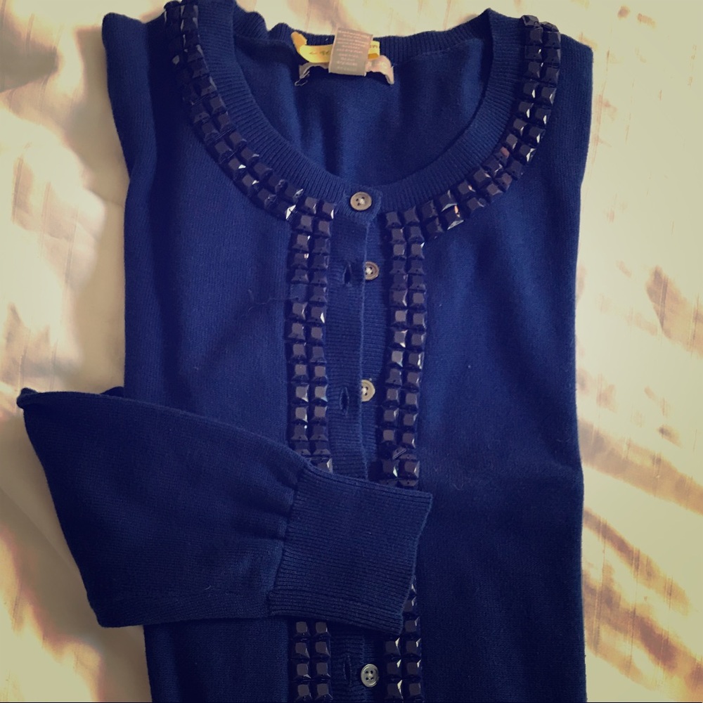 Cobalt blue cardigan with tile bead embellishment